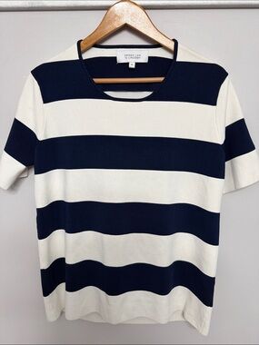 10 Crosby Derek Lam Navy & White Striped Short Sleeve Knit Top